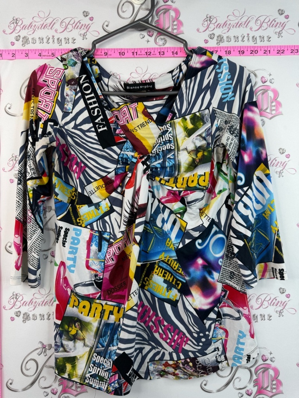 Bianca Nygard shirt comic magazine Women's Multicolor Graphic Tie-Neck Blouse
